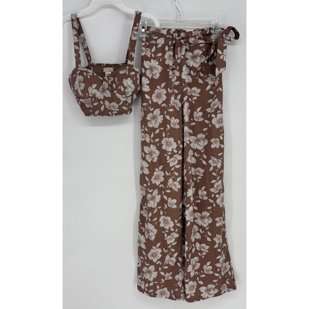 B.O.G Collective XS Brown Floral 2 Piece Set Crop Top Wide Leg Pants Boho
